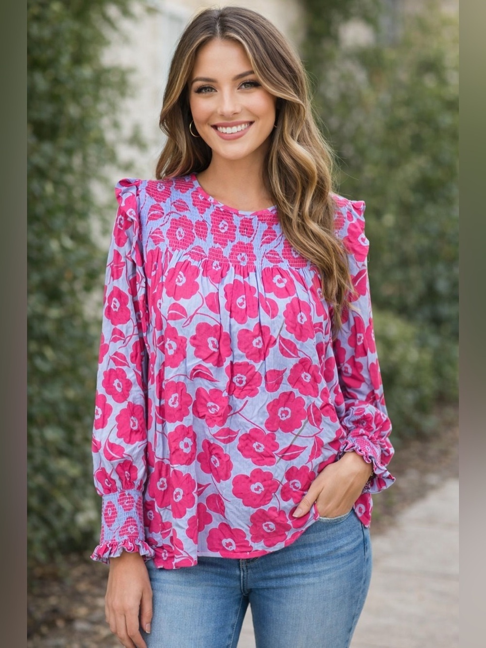 Charter Club Smocked Long Sleeve Floral Top Sz M Pink Purple Full Bloom Coquette